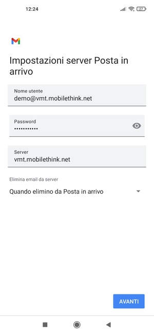 Inserisci Nome utente e l'indirizzo del server di posta in arrivo. Seleziona AVANTI