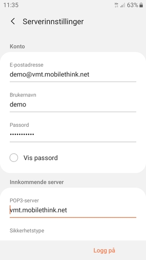 Skriv inn Brukernavn og innkommende serveradresse
