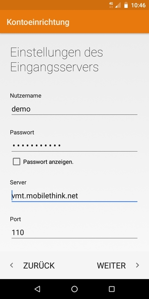 Geben Sie Benutzername und Eingang Server-Adresse ein. Wählen Sie WEITER