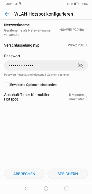 Geben Sie eine WLAN-Hotspot-Passwort mit mindestens 8 Zeichen ein und wählen Sie SPEICHERN