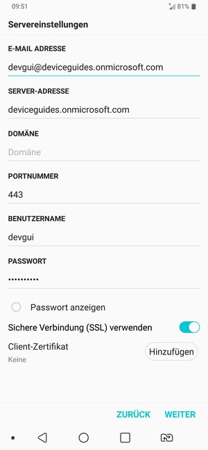 Geben Sie Exchange Server-Adresse und Benutzername ein. Wählen Sie WEITER