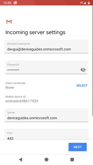 Enter Username and Exchange server address. Select NEXT