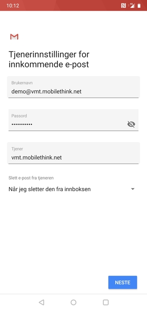 Skriv inn Brukernavn og innkommende serveradresse. Velg NESTE