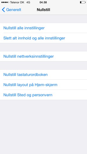 Velg Slett alt innhold og alle innstillinger