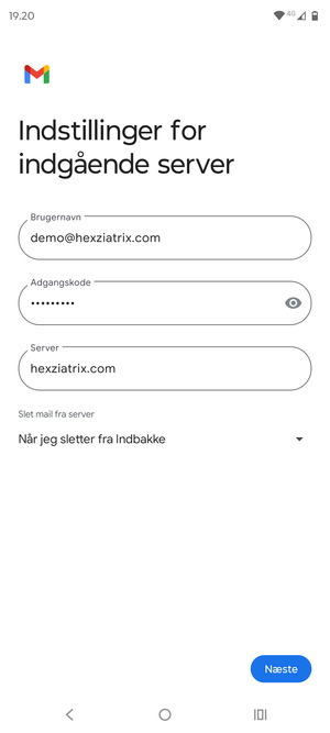 Indtast Brugernavn og indgående serveradresse. Vælg Næste