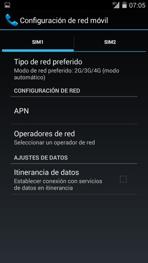 Seleccione SIM1 o SIM2 y seleccione APN
