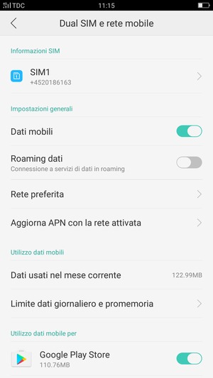 Per modificare la rete, in presenza di problemi, seleziona SIM1 o SIM2