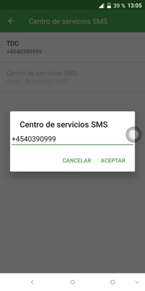 Introduzca el número de Centro de servicios SMS y seleccione ACEPTAR