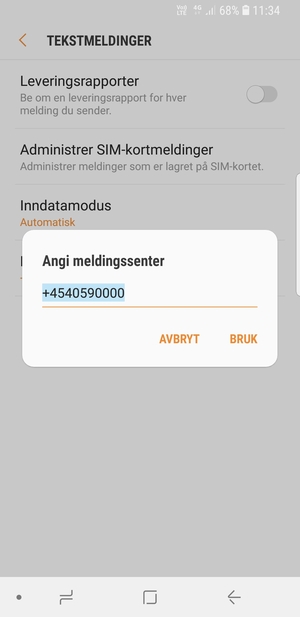Skriv inn Meldingssenter nummer og velg BRUK