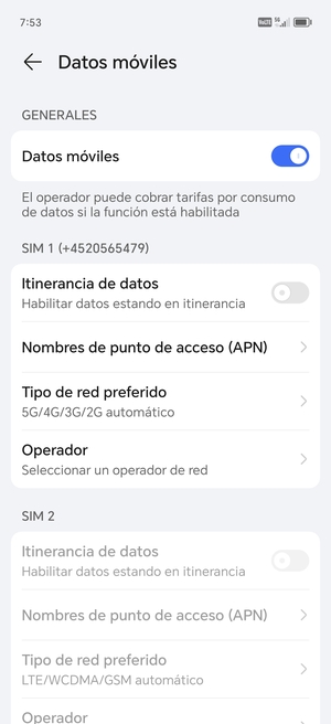 Desplácese a SIM 1 o SIM 2 y seleccione Tipo de red preferido