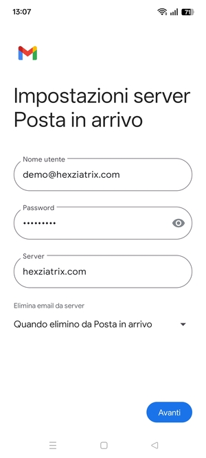 Inserisci Nome utente e l'indirizzo del server di posta in arrivo. Seleziona Avanti