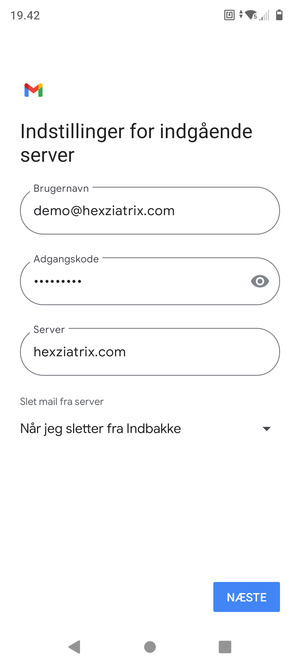Indtast Brugernavn og indgående serveradresse. Vælg NÆSTE