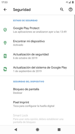 Para activar su bloqueo de pantalla, vaya al menú Seguridad y seleccione Bloqueo de pantalla
