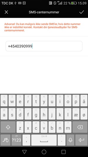 Indtast SMS-centernummer og vælg OK
