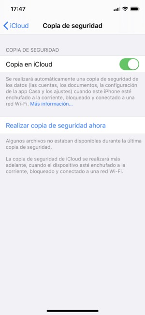 Configurar Copia en iCloud en ON