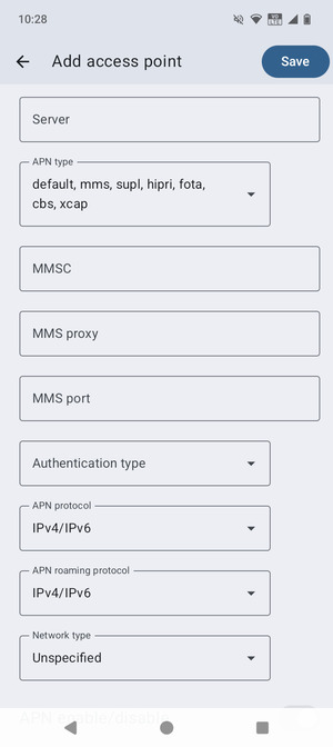 Scroll to and select APN type