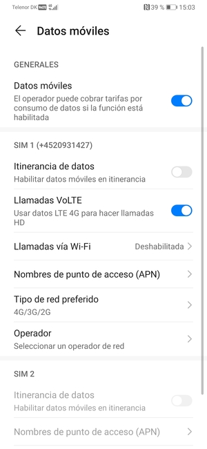 Desplácese a SIM 1 o SIM 2 y seleccione Tipo de red preferido