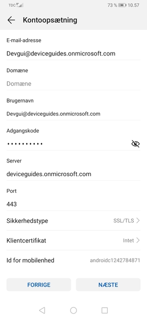Indtast Exchange serveradresse og vælg NÆSTE