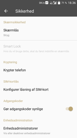 For at aktivere din skærmlås, gå til menuen Sikkerhed og vælg Skærmlås