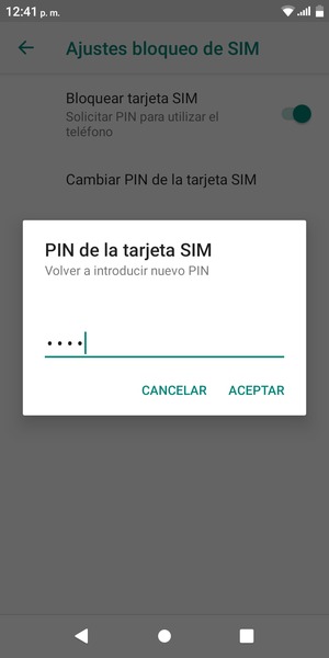 Confirme su nuevo PIN de tarjeta SIM y seleccione ACEPTAR