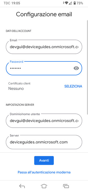 Inserisci Nome utente e l'indirizzo del server Exchange. Seleziona Avanti