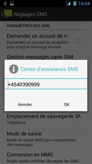 Saisissez le numéro du Centre d'assistance SMS et sélectionnez OK