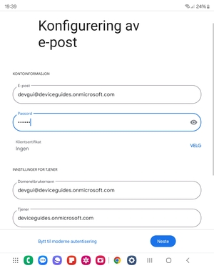 Skriv inn Brukernavn og Exchange serveradresse. Velg Neste