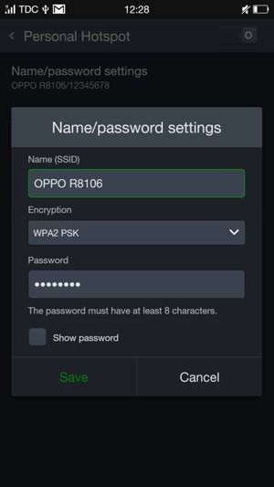 Enter a Wi-Fi hotspot password of at least 8 characters and select Save