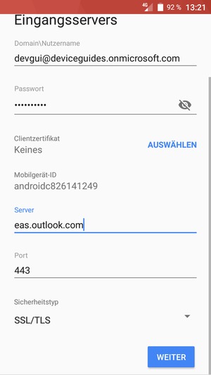 Geben Sie Benutzername und Exchange Server-Adresse ein. Wählen Sie WEITER
