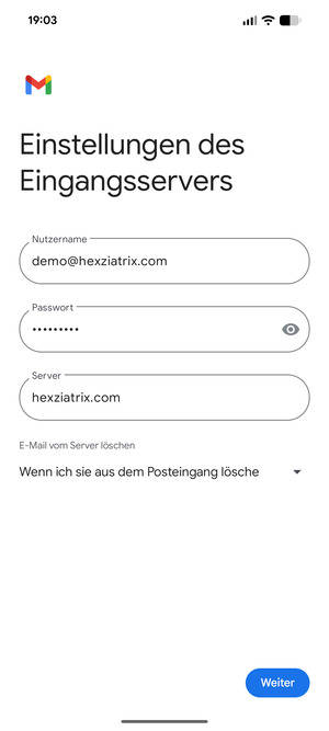 Geben Sie Benutzername und die Server-Adresse für eingehende Post ein. Wählen Sie Weiter