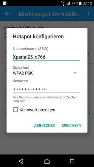 Geben Sie eine WLAN-Hotspot-Passwort mit mindestens 8 Zeichen ein und wählen Sie SPEICHERN