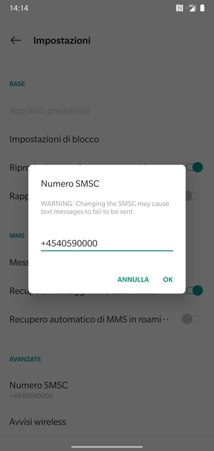 Inserisci Numero SMSC e seleziona OK
