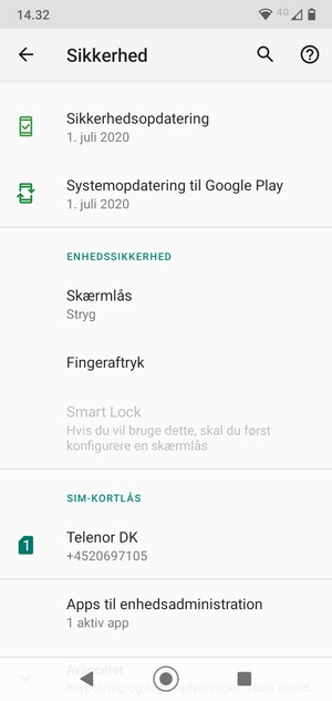 For at aktivere din skærmlås, gå til menuen Sikkerhed og vælg Skærmlås