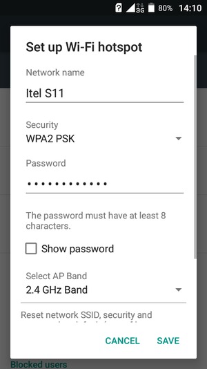 Enter a Wi-Fi hotspot password of at least 8 characters and select SAVE