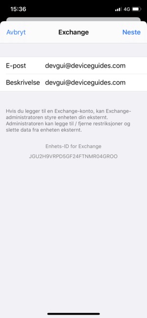 Skriv inn Exchange e-postinformasjon og velg Neste