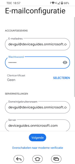 Voer Gebruikersnaam en Exchange serveradres in. Selecteer Volgende