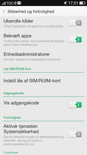 For at ændre PIN-koden til sim-kortet, vend tilbage til menuen Sikkerhed og vælg Indstil lås af SIM/RUIM-kort