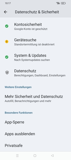 Scrollen Sie und wählen Sie Mehr Sicherheit und Datenschutz