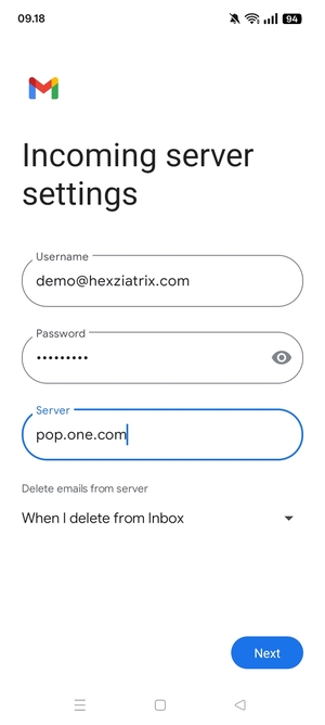 Enter Username and Incoming server address. Select Next