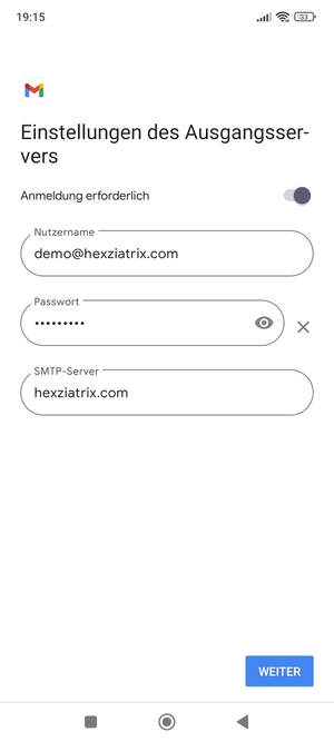 Geben Sie die Server-Adresse für ausgehende Post ein und wählen Sie WEITER