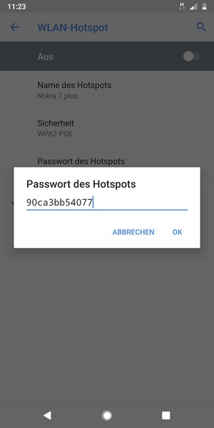 Geben Sie eine WLAN-Hotspot-Passwort mit mindestens 8 Zeichen ein und wählen Sie OK