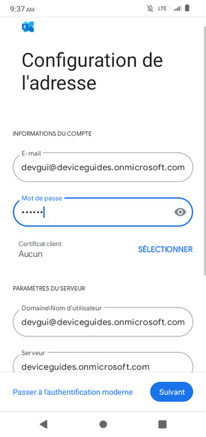 Saisissez Nom d'utilisateur et l'adresse du serveur Exchange. Sélectionnez Suivant