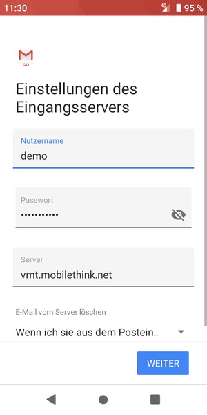 Geben Sie Benutzername und eingehende Server-Adresse ein. Wählen Sie WEITER