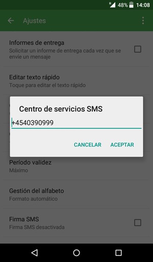 Introduzca el número de Centro de servicios SMS y seleccione ACEPTAR