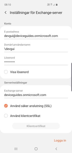Ange Användarnamn och Exchange serveradress. Välj Logga in