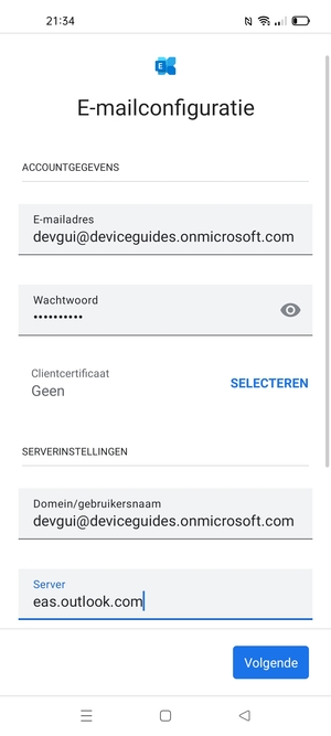 Voer Gebruikersnaam en Exchange serveradres in. Selecteer Volgende