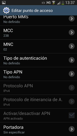 Desplácese hacia abajo e introduzca la información MMS