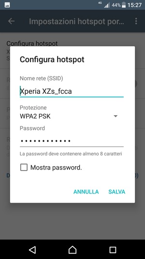 Inserisci una password dell'hotspot Wi-Fi di almeno 8 caratteri e seleziona SALVA