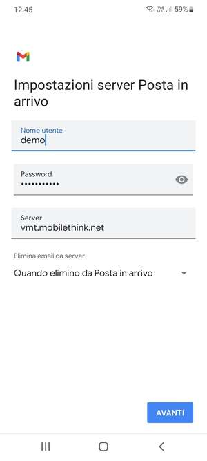 Inserisci Nome utente e l'indirizzo del server di posta in arrivo. Seleziona AVANTI