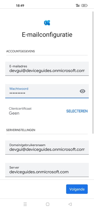 Voer Gebruikersnaam en Exchange serveradres in. Selecteer Volgende